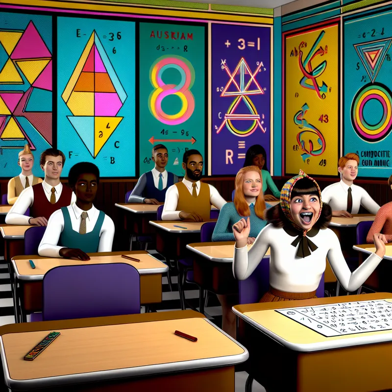 Een retro-futuristisch klaslokaal met diverse leerlingen die bewonderend kijken naar een student die gelukkige wiskundeoplossingen op het bord schrijft.