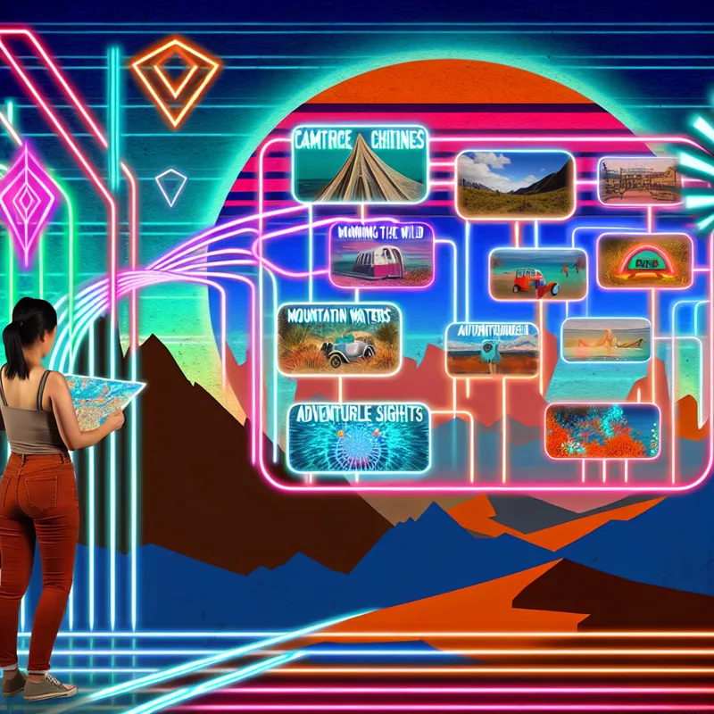 Een retro-futuristisch tafereel van een persoon bij een kruispunt met kleurrijke paden, elk met unieke bestemmingsborden.