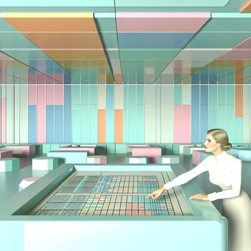 Onderzoeker onderzoekt gegevens op retro-futuristisch kantoor