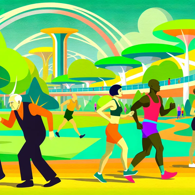 Een levendig retro-futuristisch park met mensen van diverse leeftijden die joggen en wandelen op een zonnige zondagmorgen.