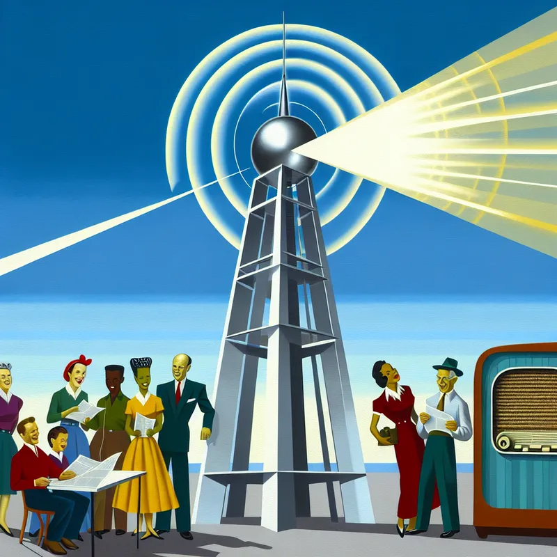 Retro-futuristisch tafereel met een radiotoren die geluidsgolven uitzendt, omgeven door diverse mensen die naar een vintage radio luisteren.