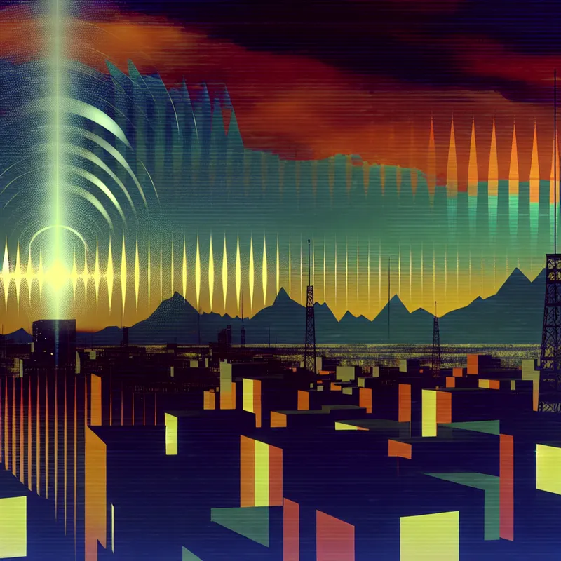 Retro-futuristische illustratie van een stadsgezicht bij schemering met een zichtbare schietgeluidgolf als geometrische boog na een pistoolschot