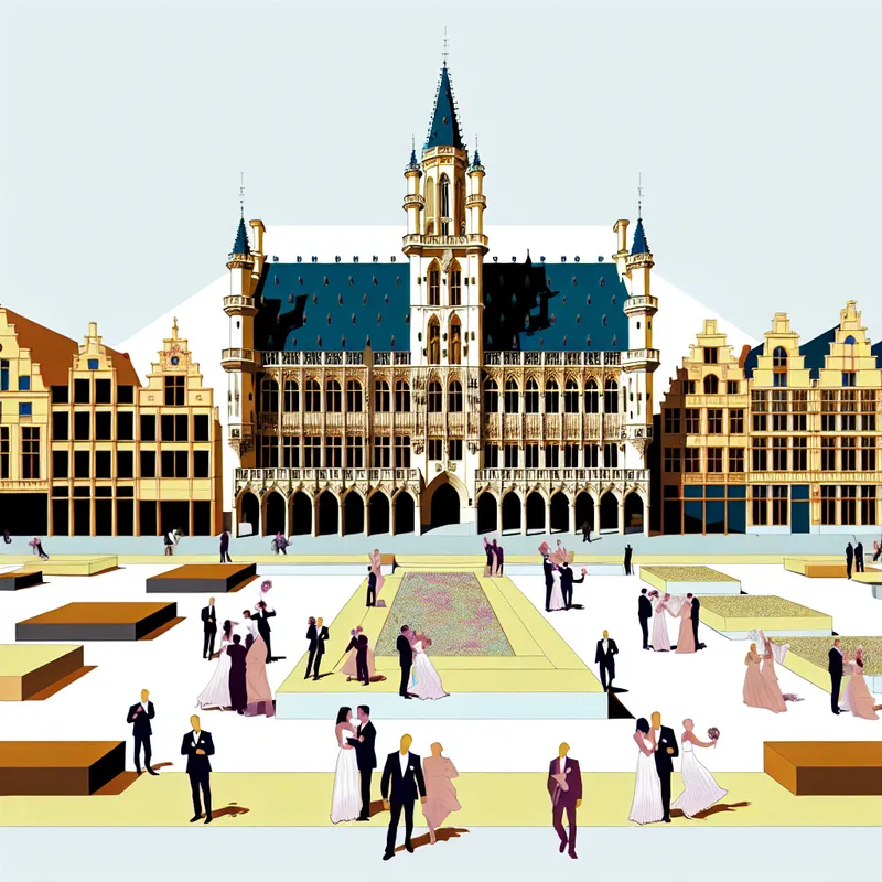 Retro-futuristische weergave van een stadsplein met een historisch stadhuis en bruidspaar