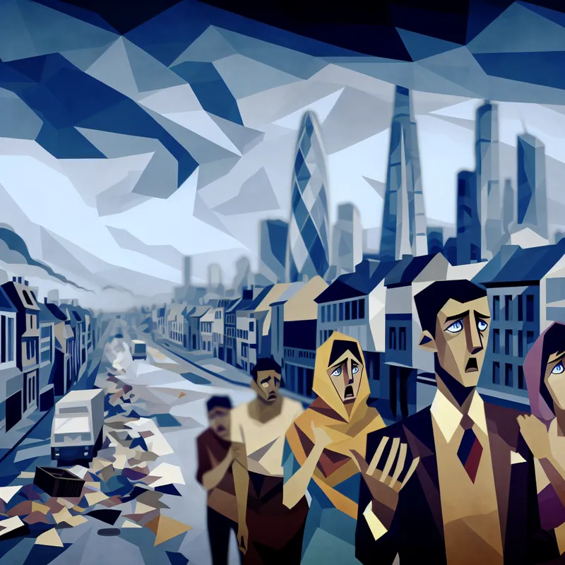 Retro-futuristisch stadslandschap met bezorgde burgers en donkere wolken