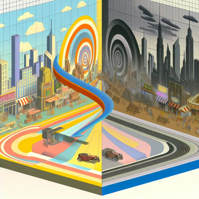 Abstract retro-futuristic cityscape contrasting vibrant present and muted past