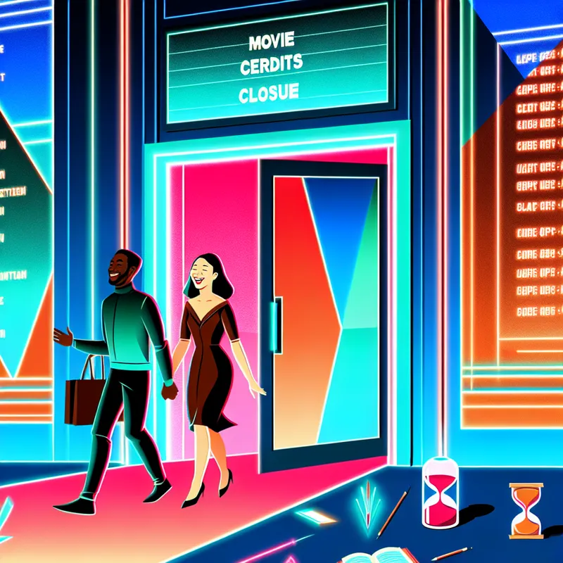 Een gelukkig stel verlaat een retro-futuristische bioscoop, omringd door neonlichten en bewegende vormen die het einde van een film symboliseren.