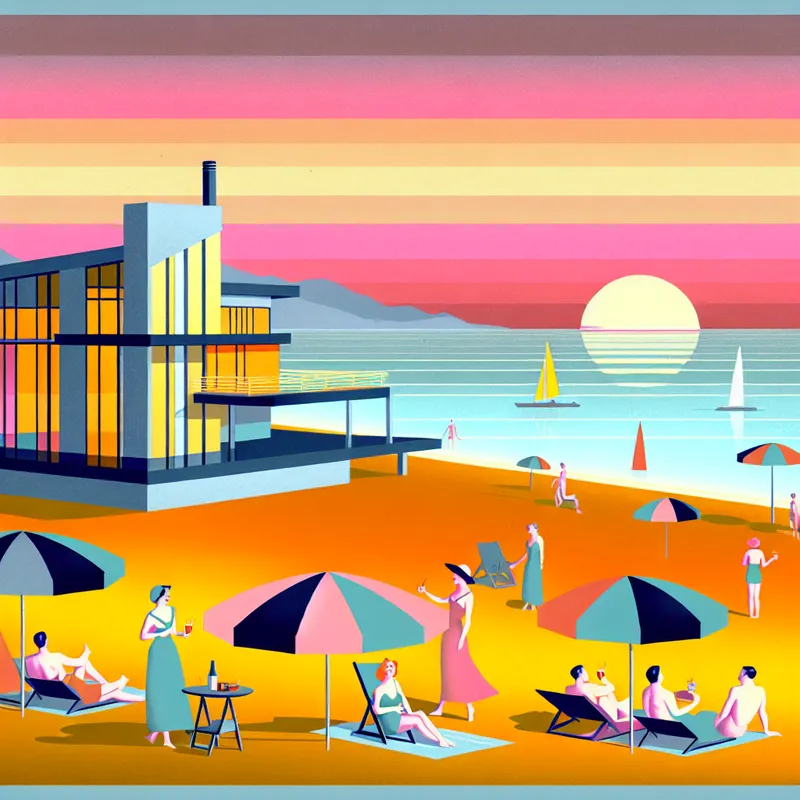 Een retro-futuristisch strandlandschap met een vakantiewoning aan zee, kleurrijke strandparasols en mensen die ontspannen en spelen.