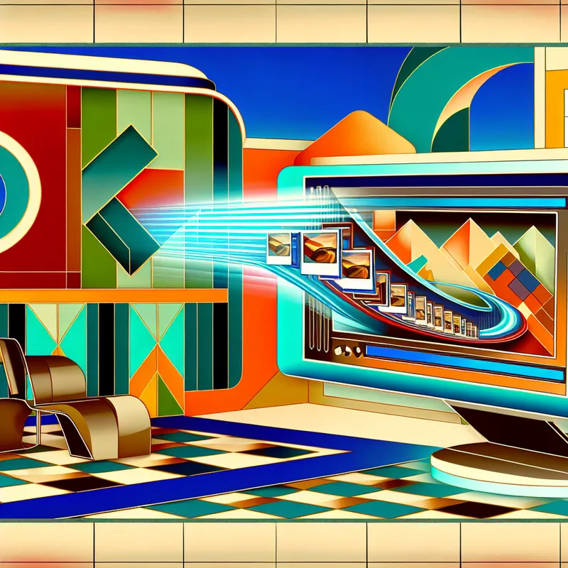 Retro-futuristisch werkplek met een moderne computer die gegevens overbrengt.