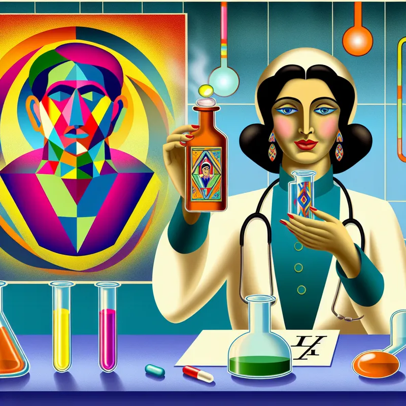Retro-futuristische afbeelding van een arts in een jaren '50 laboratorium, met een receptfles en kleurrijke laboratoriumgerei, en een abstracte voorstelling van een patiënt op de achtergrond.