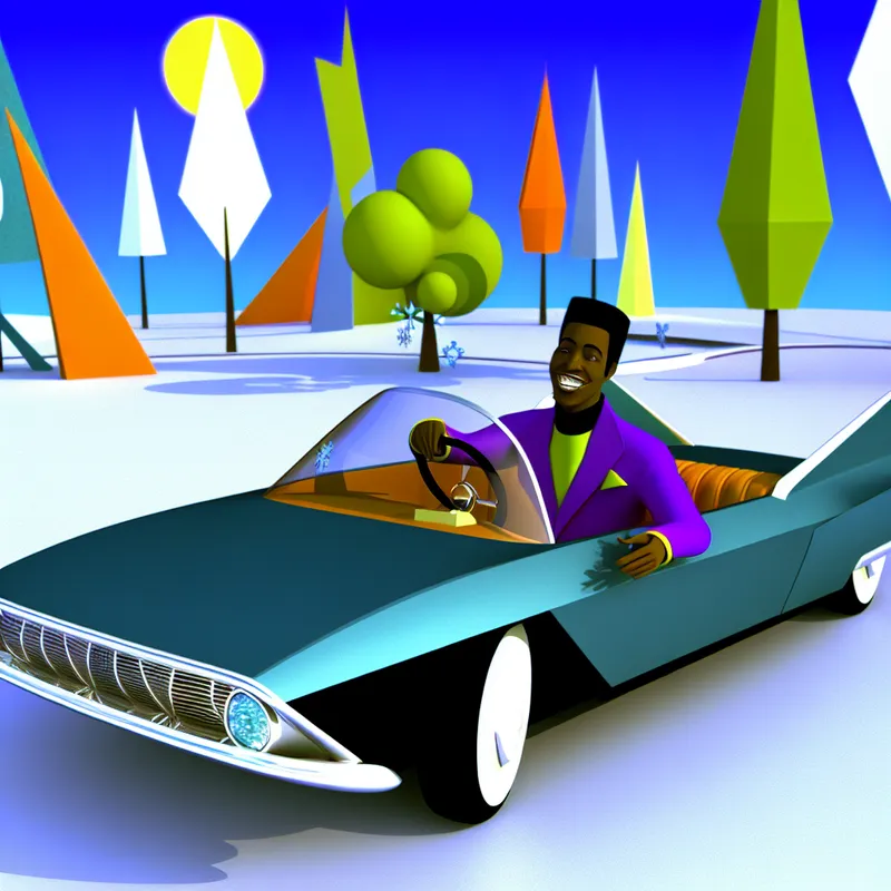 Een retro-futuristische auto start probleemloos op een zonnige straat, omringd door kleurrijke bomen en een heldere lucht.