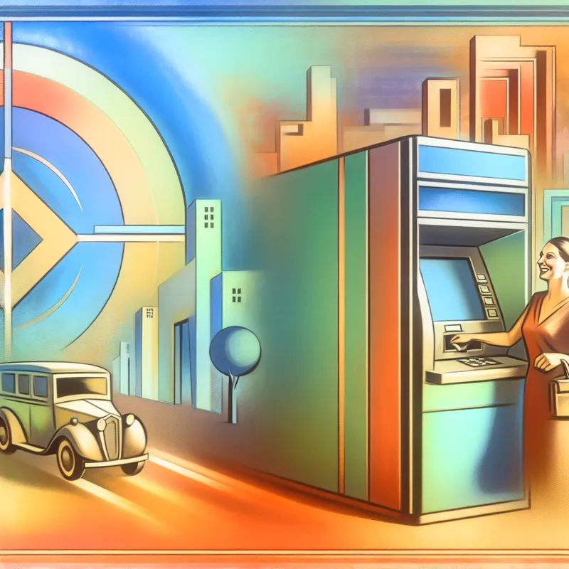 Een persoon met een glimlach haalt geld uit een moderne bankautomaat in een retro-futuristische omgeving.