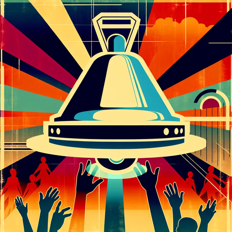 Retro-futuristische illustratie van een slanke bel in het midden, omringd door stylized figuren die naar de bel reiken, met uitdrukkingen van anticipatie.