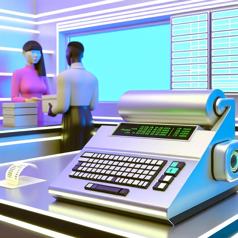 Retro-futuristische betaalterminal met scherm en toetsenbord in een minimalistische winkel, waar een caissière gegevens invoert tijdens een transactie