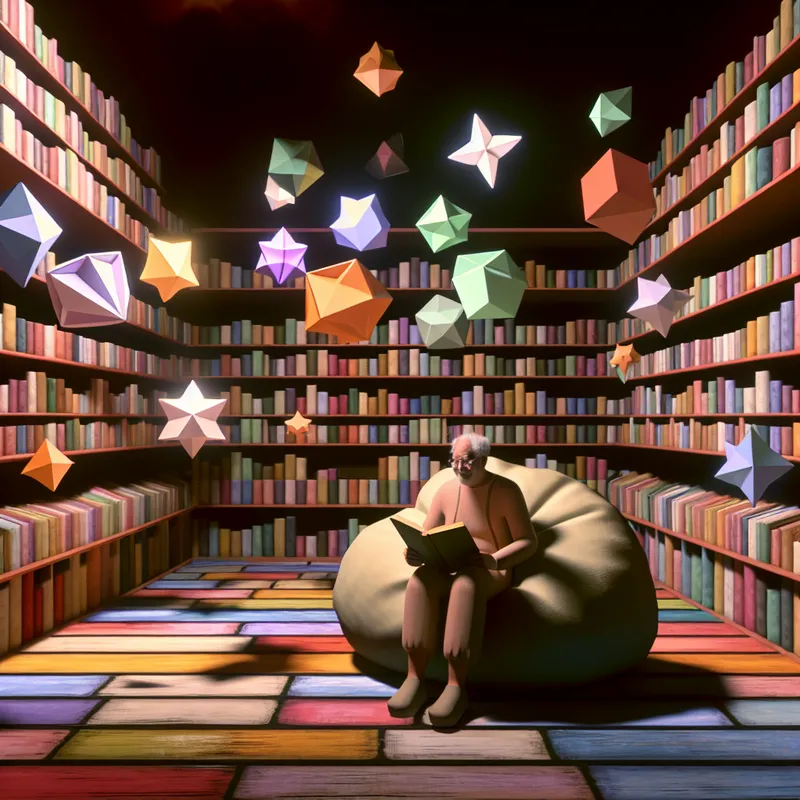 Een nieuwsgierige oude man leest een kleurrijk boek in een retro-futuristische bibliotheek vol geometrische boeken en zwevende pastelvormen.