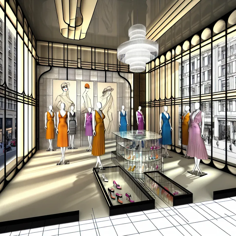 Een moderne, retro-futuristische boetiek van een beroemde modehuis met stijlvolle kleding op mannequins.