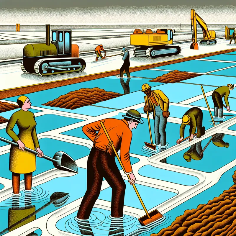 Illustratie van een bouwplaats met bouwers die moeite hebben om te werken op modderige grond.