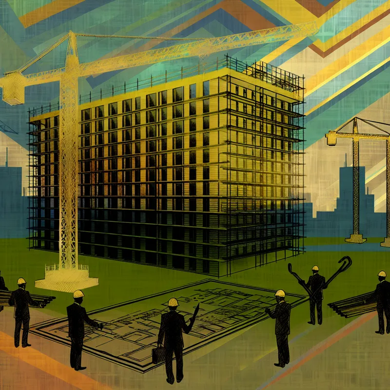 Retro-futuristische illustratie van een bouwplaats met een modern gebouw in aanbouw, kranen, arbeiders en blauweprints, onder een heldere lucht.