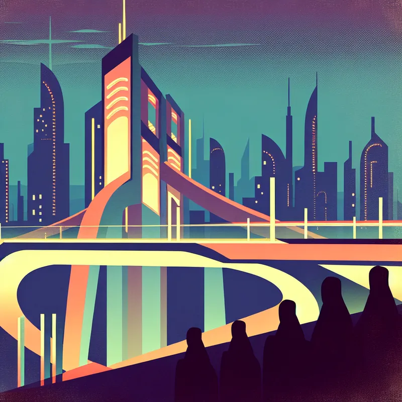 Retro-futuristische illustratie van een geometrische brug bij schemering, omringd door bewonderende silhouetten, symboliserend trots en innovatie in moderne architectuur