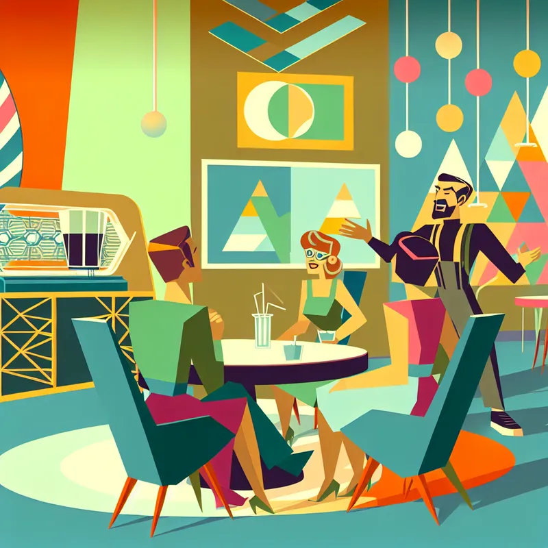 Een levendige retro-futuristische scène van een persoon die een boodschap deelt met vrienden in een café.