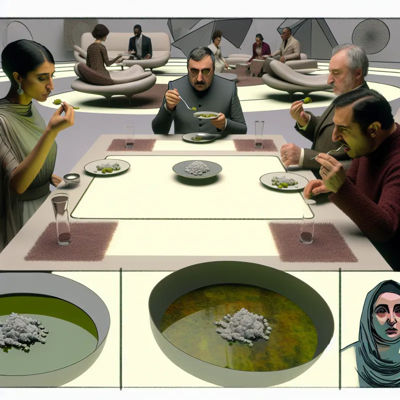 Een retro-futuristische eettafelsetting met gasten die een onaangenaam uitziend gerecht proeven, hun gezichten tonen subtiele ongemakken.