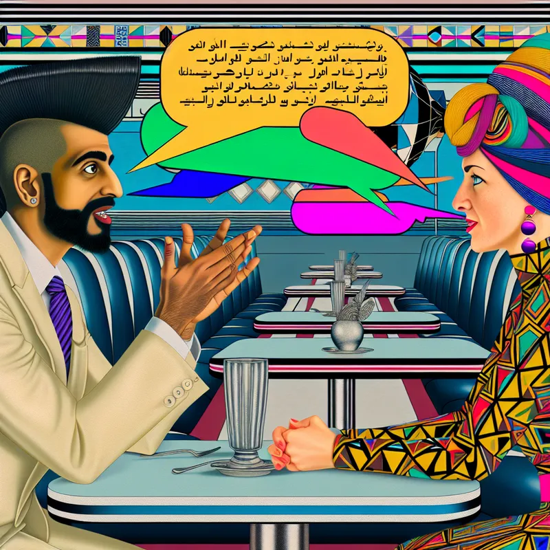 Twee gestileerde figuren in een levendig café, in een diepte gesprek met expressieve gebaren en geometrische kleding.