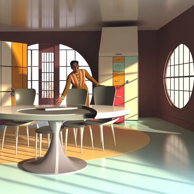 Illustratie van een retro-futuristische eetkamer met een draaiende stoel en een persoon die vrolijk in gesprek is.