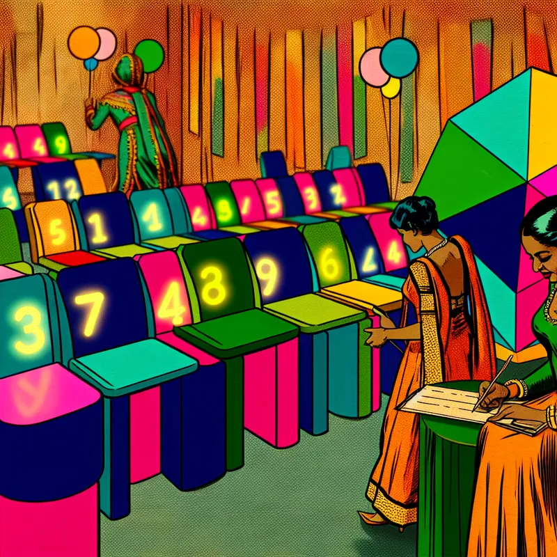 Een stilistische vrouw in vintage-modern kleding telt kleurrijke geometrische stoelen op een retro-futuristische feestlocatie.