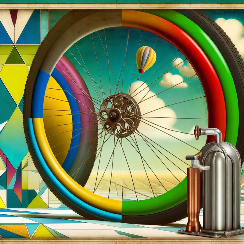 Een retro-futuristisch beeld van een kleurrijke fietsbuitenband die wordt opgepompt, met een luchtpomp aan de band bevestigd.