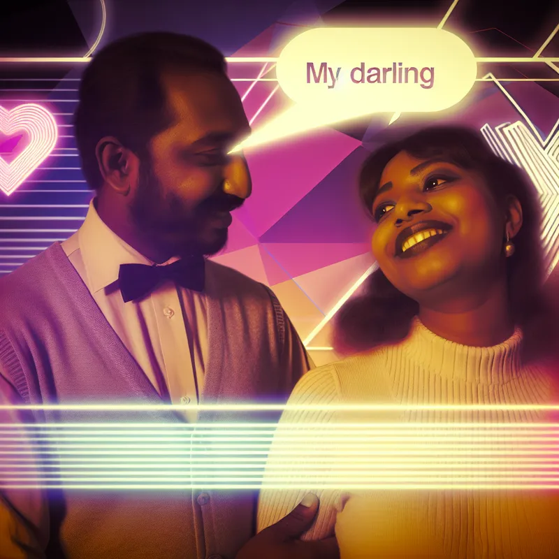 Retro-futuristische afbeelding van een liefdevol koppel in een intieme setting met geometrische vormen, die elkaar genegenheid tonen.