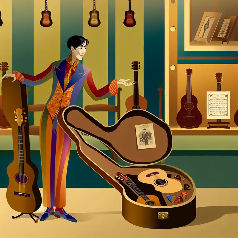 Een gitarist bij een geometrisch gitaarhoes gevuld met muziekinstrumenten