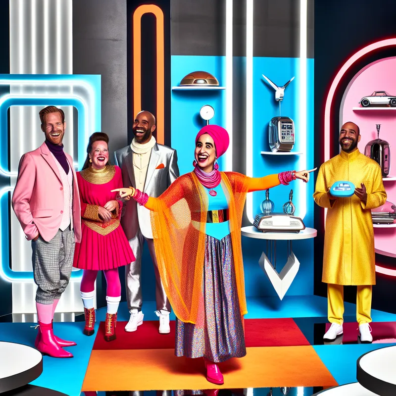 Een diverse groep mensen in kleurrijke outfits staat in een retro-futuristische omgeving en wijst naar futuristische voorwerpen.