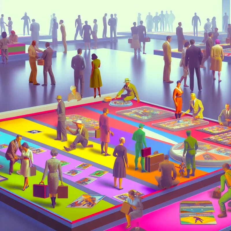 Een levendige retro-futuristische handelsbeurs met verzamelaars die kleurrijke verzamelobjecten zoals actiefiguren, vintage speelgoed en zeldzame kaarten tonen.