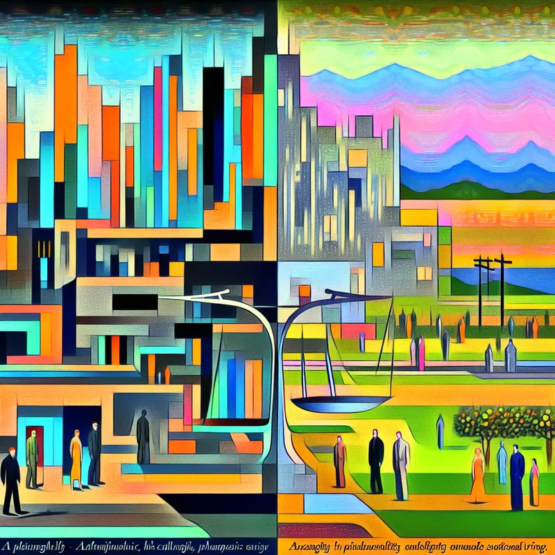 Retro-futuristische illustratie van een surrealistisch landschap met een drukke stad en een rustige buurt, gebalanceerd door een grote transparante schaal.