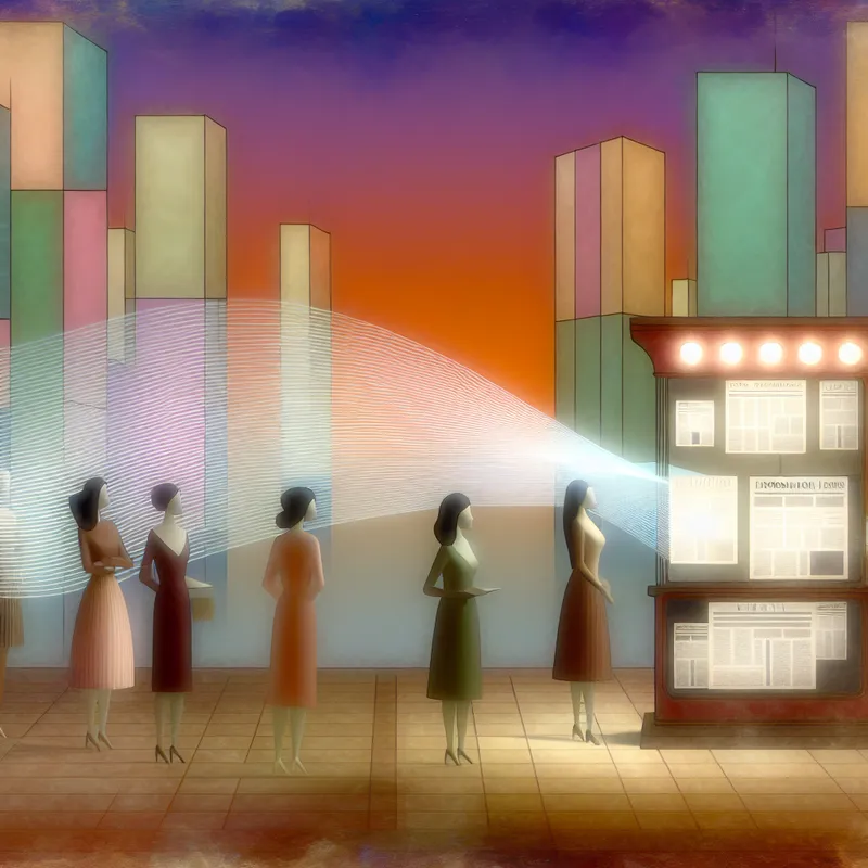 Groep mensen rondom een futuristisch kiosk met verlichte tablets die nieuws en informatie uitstralen in een retro-futuristische stedelijke omgeving.