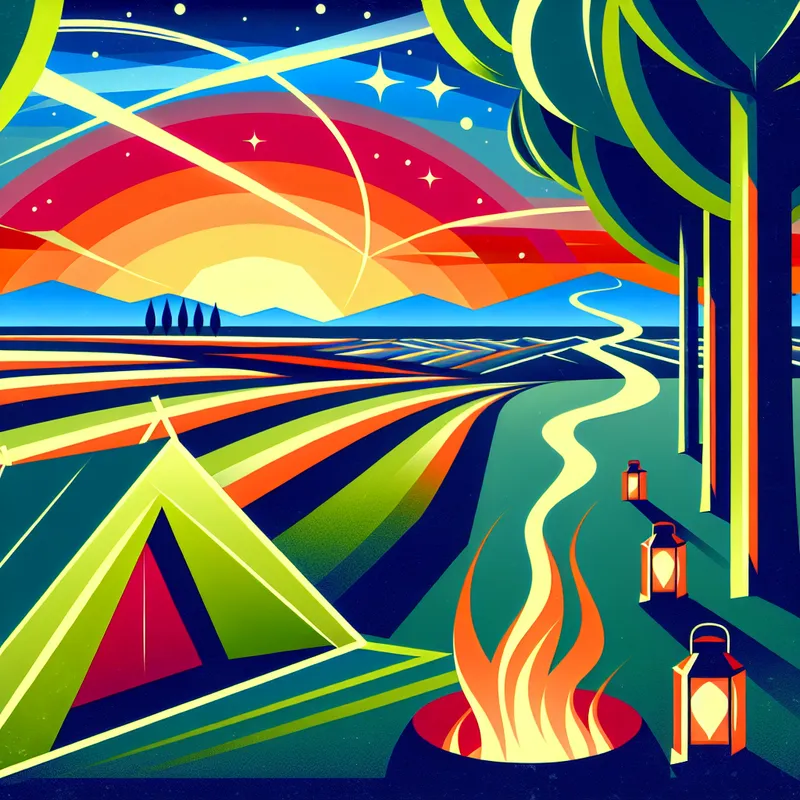 Een retro-futuristische illustratie van een kleurrijke tent op een camping in de Ardennen met een sterry hemel en een kampvuur.