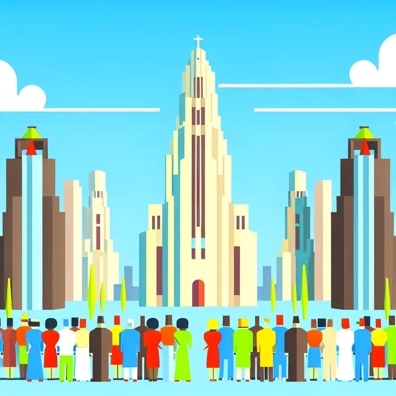 Retro-futuristisch beeld van de toren van een kathedraal die boven een stadslandschap uitsteekt, met mensen die verwonderd omhoog kijken.