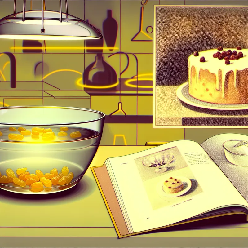 Moderne keuken met een kom rozijnen in water en een open kookboek