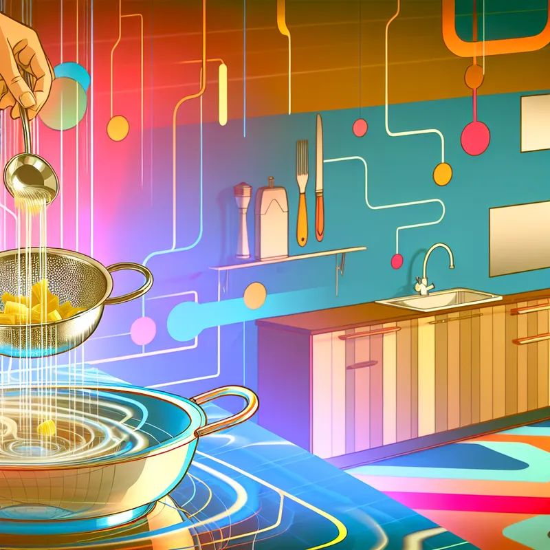 Retro-futuristisch keuken met een vergiet vol dampende pasta boven de gootsteen en water dat naar beneden stroomt.