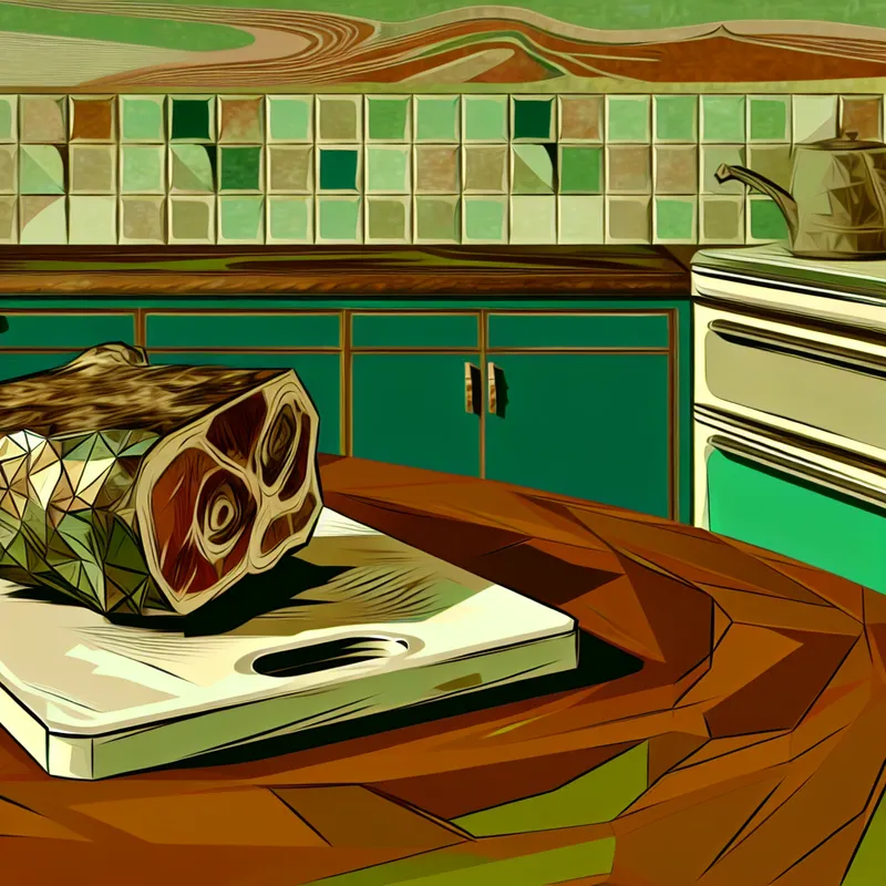 Retro-futuristische keuken met een vervallen stuk vlees op het aanrecht, omringd door geometrische vormen die een nare geur symboliseren.