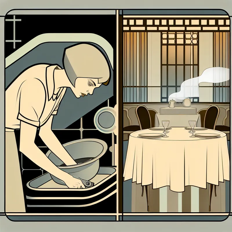 Retro-futuristische keukenillustratie met focus op afwassen