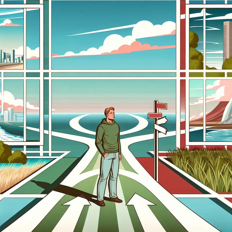 Retro-futuristische illustratie van iemand bij een kruispunt met verschillende wegen