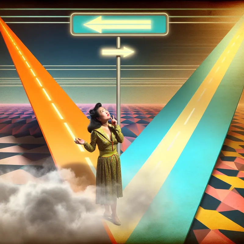 Een retro-futuristische afbeelding van een persoon bij een kruispunt met twee paden, één bedekt met mist en de ander verlicht door zonlicht, symboliserend een keuze tussen onzekerheid en duidelijkheid.
