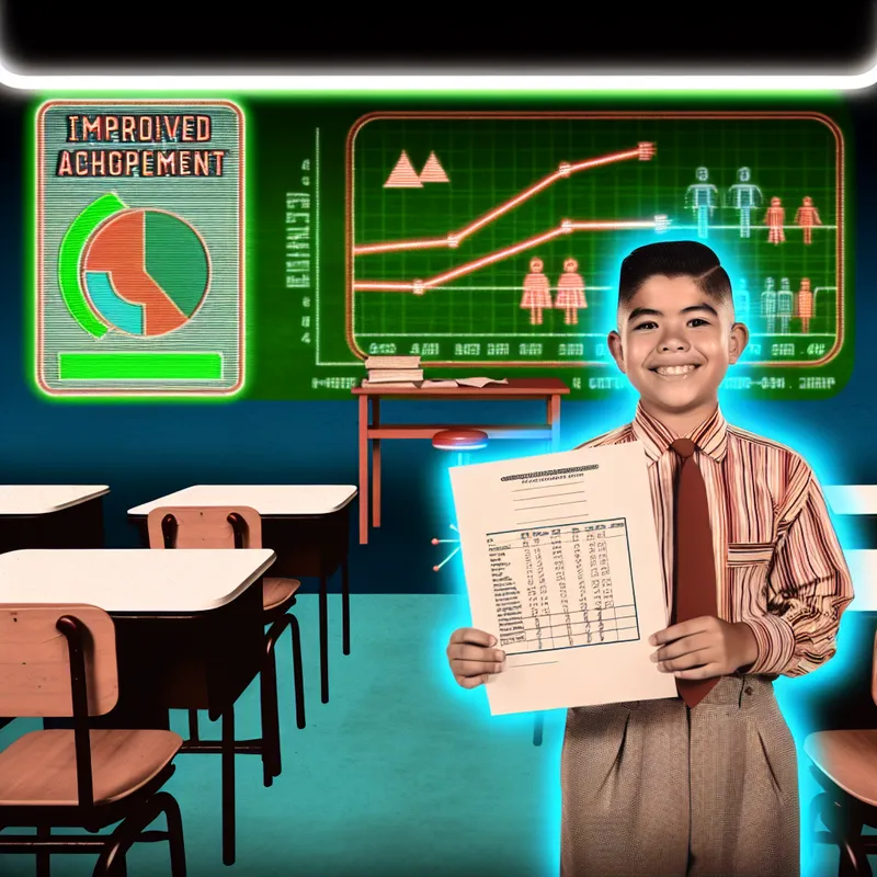 Een opgewonden student in een retro-futuristisch klaslokaal houdt een verbeterde toets omhoog, omgeven door geometrische vormen en een kleurrijk schoolbord.