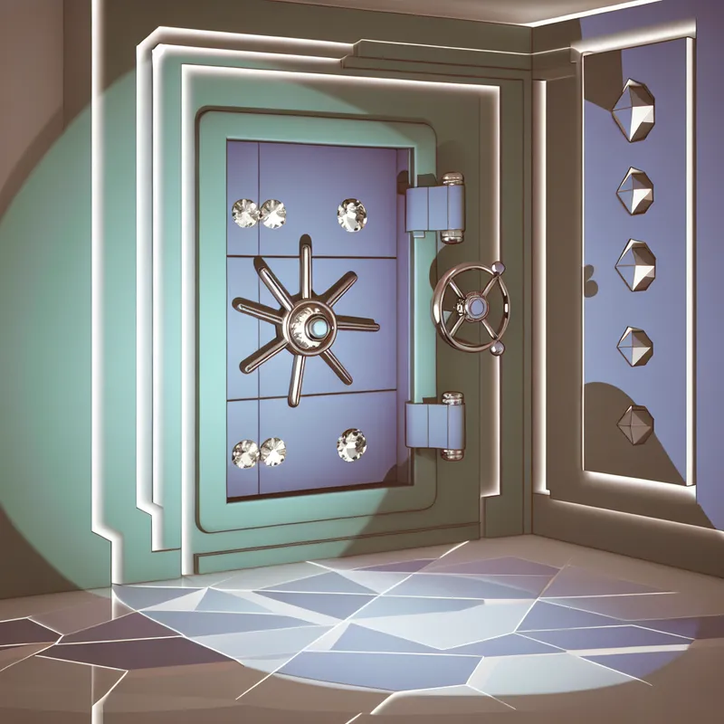 Retro-futuristisch interieur met een moderne kluis die openstaat, gevuld met juwelen en documenten.