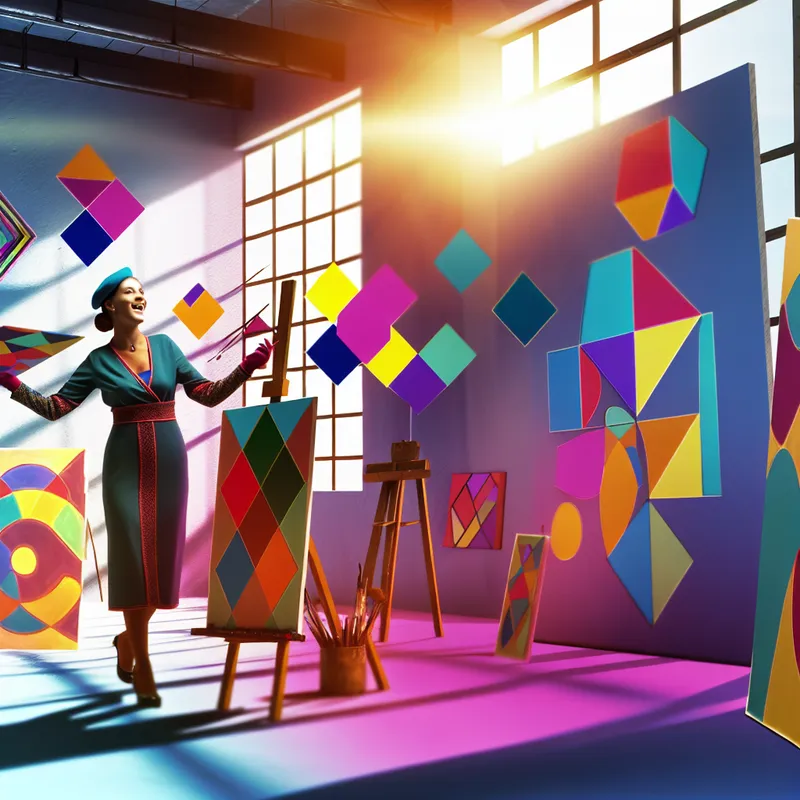 Een vrolijke kunstenaar aan het schilderen in een retro-futuristische studio, omringd door kleurrijke doeken.