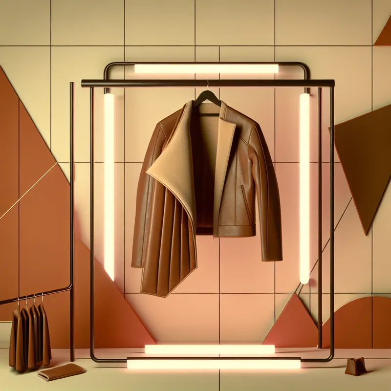 Retro-futuristisch beeld van een stijlvolle leren jas met zichtbare lagen, waaronder de zachte binnenvoering, hangend aan een minimalistische kapstok