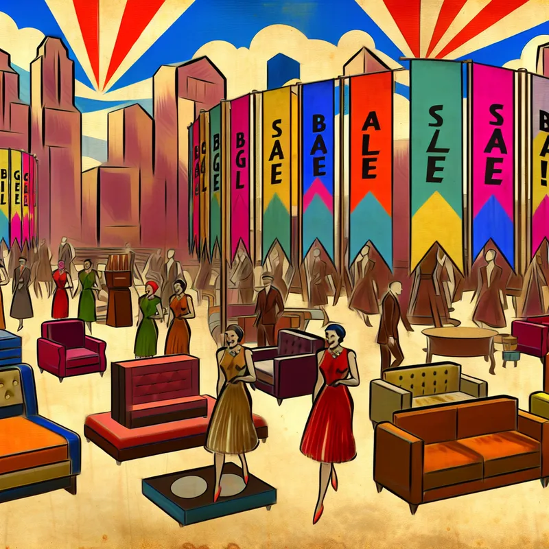 Vibrante retro-futuristische scène van een meubeluitverkoop met vintage geklede shoppers