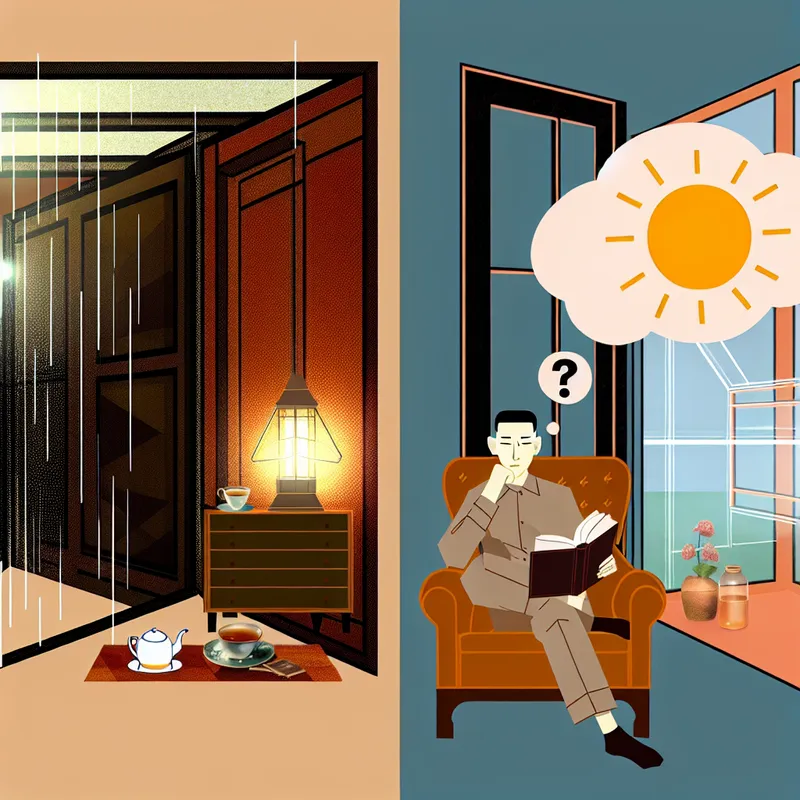 Retro-futuristische illustratie van een persoon die een boek leest bij regen, met een gedachtebel waarin een zonnig alternatief met een vraagteken wordt getoond als symbool voor een mogelijkheid of hypothese