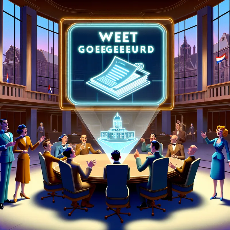 Diverse politici in retro-futuristische setting bespreken de goedkeuring van een wet met een zwevend document en een groot scherm.