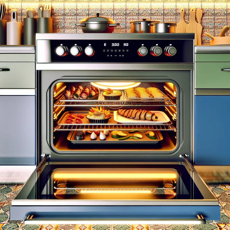 Moderne keuken met retro-futuristische oven die meerdere gerechten bereidt.